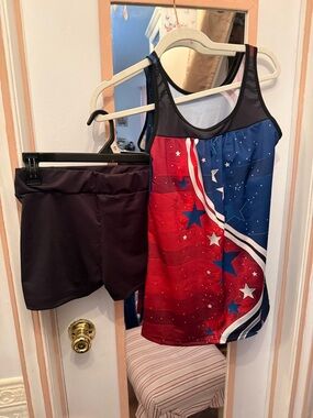 Patriotic Star Athletic Tankini with Black Athletic Shorts bathing suit